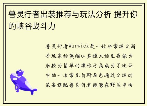 兽灵行者出装推荐与玩法分析 提升你的峡谷战斗力
