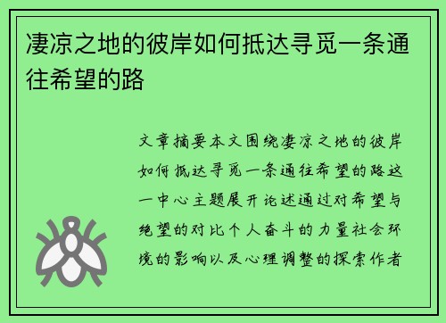 凄凉之地的彼岸如何抵达寻觅一条通往希望的路